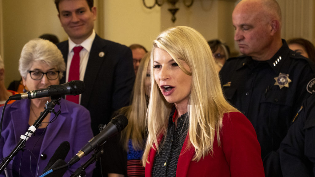 State District 22 Sen. Brittany Pettersen speaks at a press conference for a "red flag" bill that's being introduced in the state legislature, Feb. 14, 2019. (Kevin J. Beaty/Denverite)