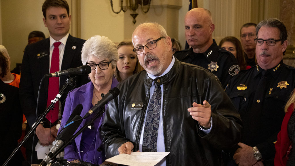 State House District 37 Rep. Tom Sullivan speaks at a press conference for a "red flag" bill that's being introduced in the state legislature, Feb. 14, 2019. (Kevin J. Beaty/Denverite)