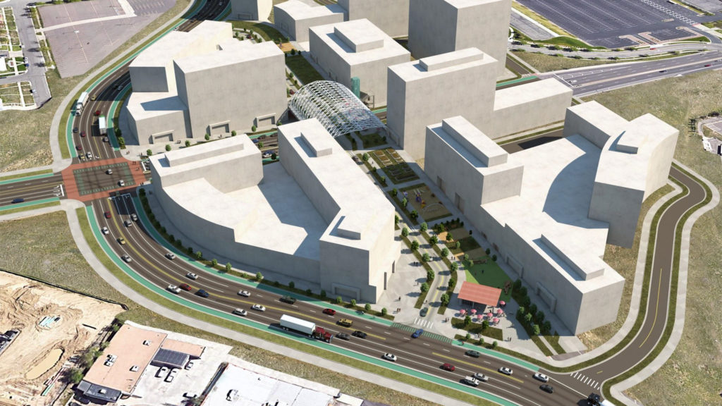 A rendering of a possible Federal Boulevard reroute that would leave the existing bridge to become an elevated "linear" park. (Courtesy: Jordan Block and the West Colfax BID)