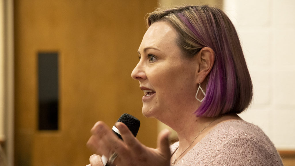 City Council District 5 candidate Amanda Sawyer speaks during a forum at Christ Church United Methodist, March 5, 2019. (Kevin J. Beaty/Denverite)