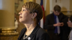 State Senator Angela Williams speaks with press inside the Capitol, March 5, 2019. (Kevin J. Beaty/Denverite)