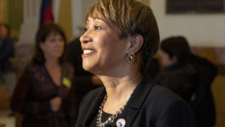State Senator Angela Williams speaks with press inside the Capitol, March 5, 2019. (Kevin J. Beaty/Denverite)