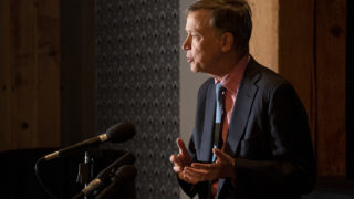 Former Governor John Hickenlooper speaks to press about his recently announced run for president at Wynkoop Brewing Co., March. 6, 2019. (Kevin J. Beaty/Denverite)