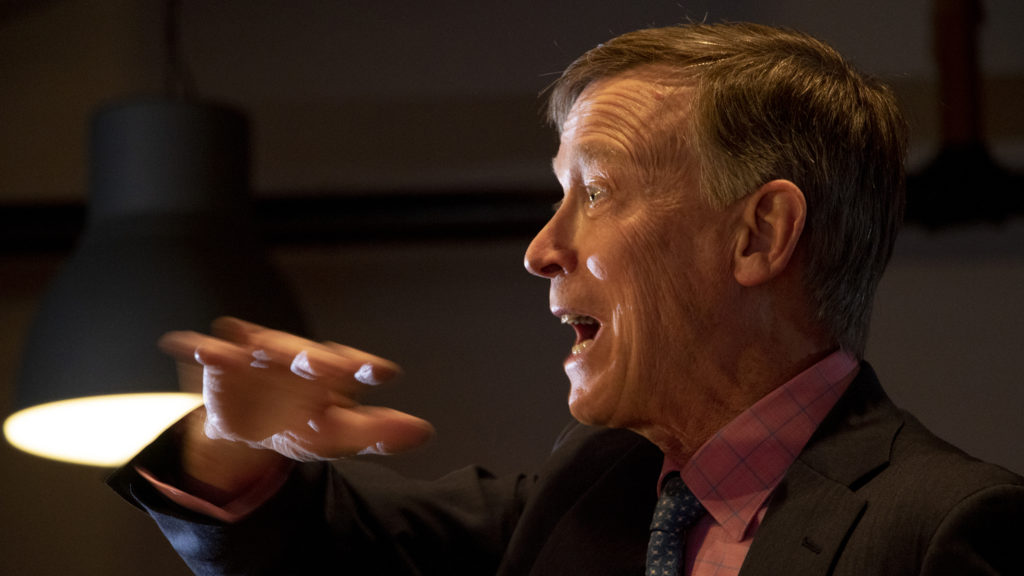 Former Governor John Hickenlooper speaks to press about his recently announced run for president at Wynkoop Brewing Co., March. 6, 2019. (Kevin J. Beaty/Denverite)