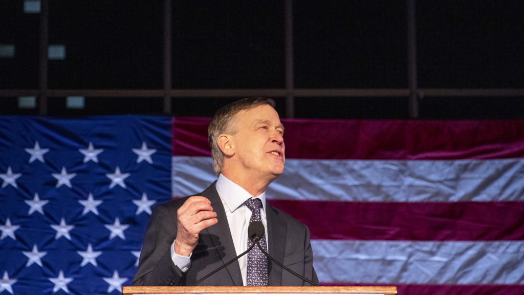 Former Governor John Hickenlooper addresses supporters for his run at the presidency during a rally at Civic Center Park, March 7, 2019. (Kevin J. Beaty/Denverite)