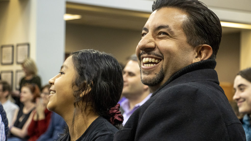 City Councilman Paul López claps as Denver Elections holds a lottery to determine candidate order on the ballot for Clerk and Recorder in the upcoming municipal election, March 14, 2019. (Kevin J. Beaty/Denverite)