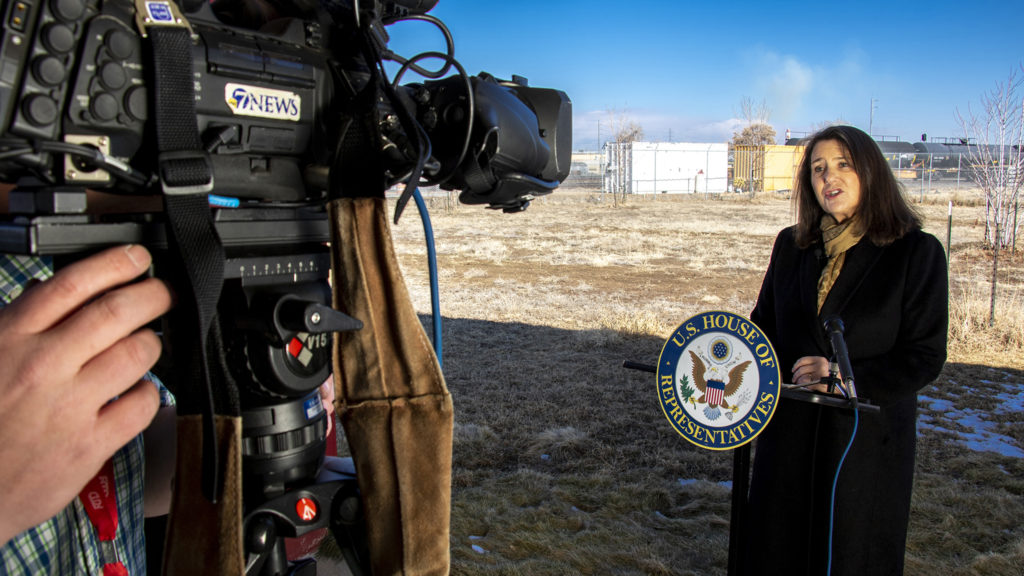 U.S. Rep. Diana DeGette speaks to press at Focus Points in Elyria Swansea about a measure she'll introduce to limit releases of hydrogen cyanide, March 19, 2019. (Kevin J. Beaty/Denverite)