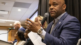 Mayor Michael Hancock speaks during a mayoral candidate forum on environmental policy at the Alliance Center downtown, March 21, 2019. (Kevin J. Beaty/Denverite)