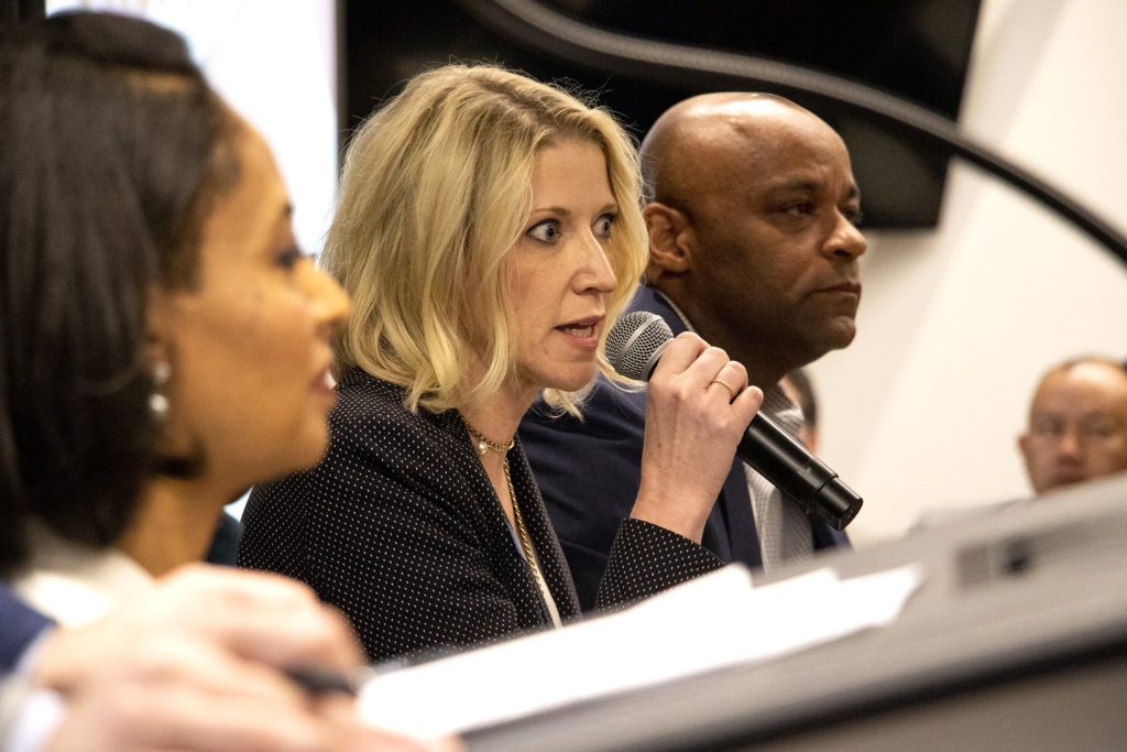 Jamie Giellis speaks in a mayoral candidate forum on environmental policy at the Alliance Center downtown, March 21, 2019. (Kevin J. Beaty/Denverite)
