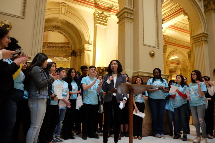 Celest Hutagalung, a student at DSST: Conservatory Green High School, joins other students to push a proposal to let 16- and 17-year-olds vote in school board elections. (Erica Meltzer/Chalkbeat)
