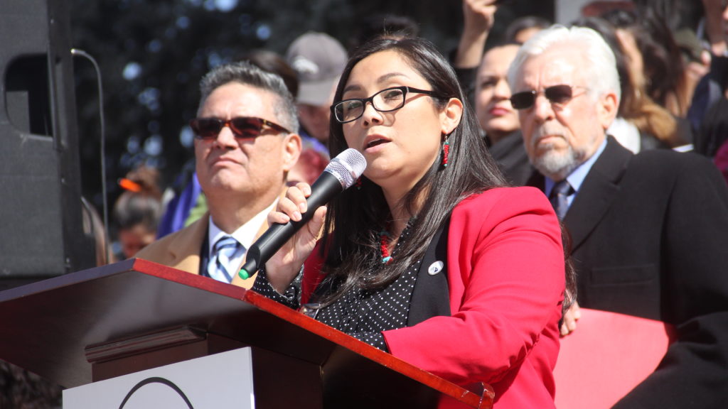 State Rep. Serena Gonzales-Gutierrez speaks during a rally for Latino/a Advocacy Day on Monday, March 11, 2019, in Denver. (Esteban L. Hernandez/Denverite)