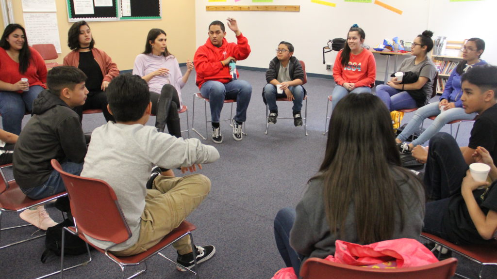 Skinner Middle School students during a SOMOS1 meeting on Wednesday, March 20, 2019, in Denver. (Esteban L. Hernandez/Denverite)