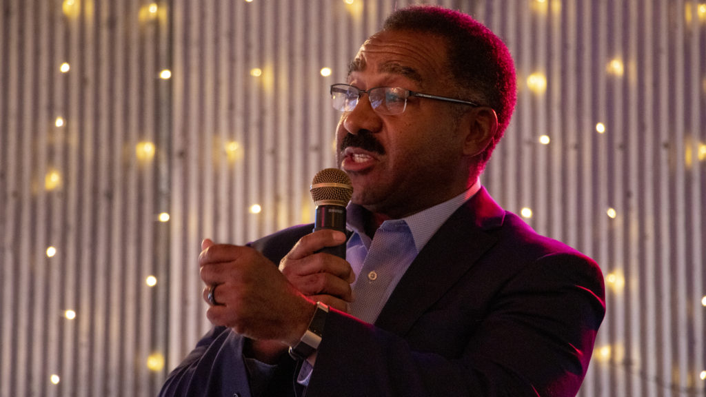 Penfield Tate speaks during the Denver Post's mayoral candidate forum at FIELDHOUSE on Federal Boulevard, April 1, 2019. (Kevin J. Beaty/Denverite)