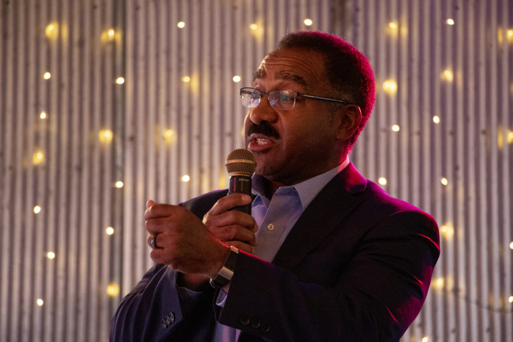 Penfield Tate speaks during the Denver Post's mayoral candidate forum at FIELDHOUSE on Federal Boulevard, April 1, 2019. (Kevin J. Beaty/Denverite)