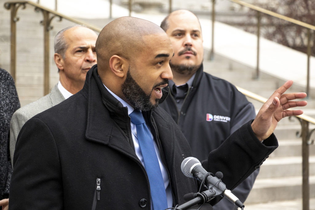 Denver Public Works Executive Director Eulois Cleckley speaks during a press conference to announce the creaton of Denver's Department of Transportation on the City and County Building steps, April 2, 2019. (Kevin J. Beaty/Denverite)