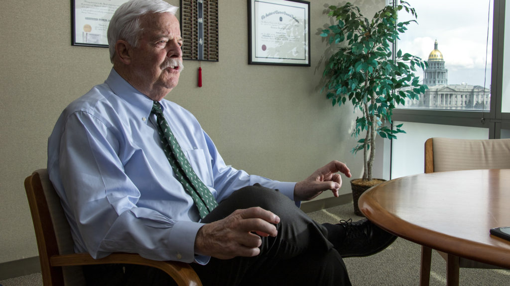 Denver City Auditor Timothy M. O'Brien speaks to a reporter in his office, April 3, 2019. (Kevin J. Beaty/Denverite)