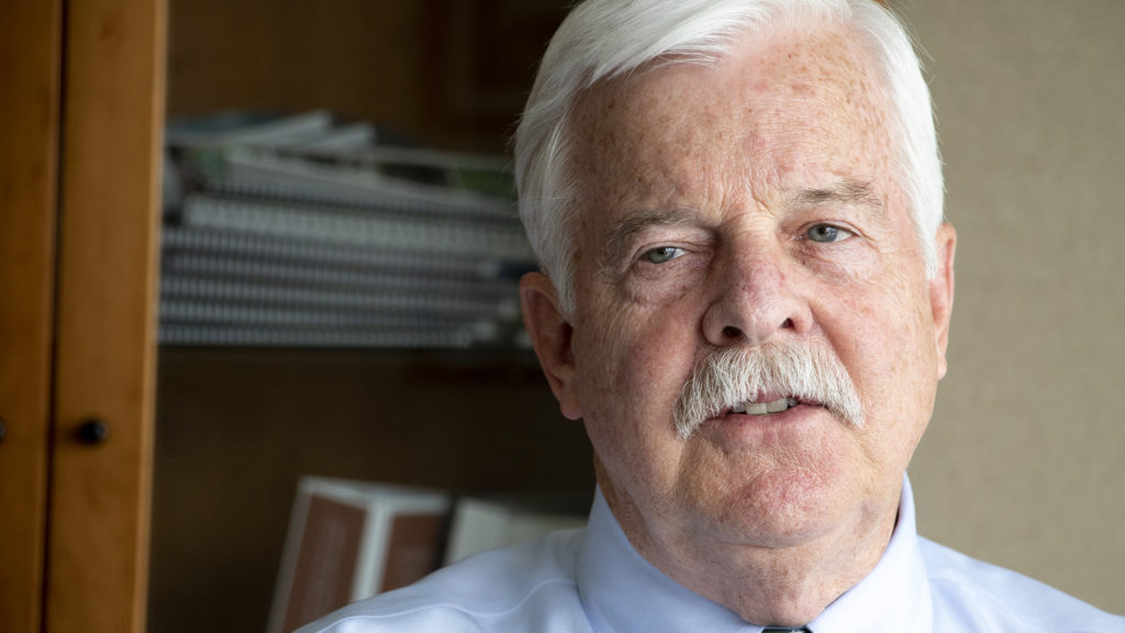 Denver City Auditor Timothy M. O'Brien speaks to a reporter in his office, April 3, 2019. (Kevin J. Beaty/Denverite)