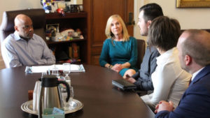From left: Mayor Michael Hancock, Excise and Licenses Exec. Dir. Ashley Kilroy, Oswaldo Barrientos, his girlfriend, and attorney Bryce Downer during a meeting at Hancock's office. Photo courtesy of Hancock's office. (Courtesy: Mayor Michael Hancock's office)