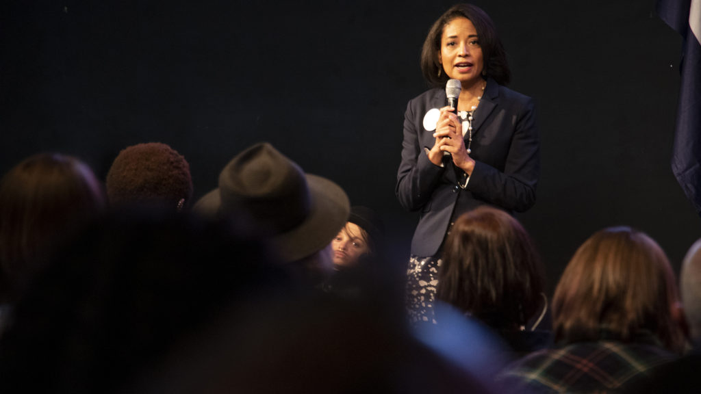 Lisa Calderón speaks during a mayoral candidate forum on LGBTQ issues at the Exdo event center, RiNo, Five Points, April 4, 2019. (Kevin J. Beaty/Denverite)