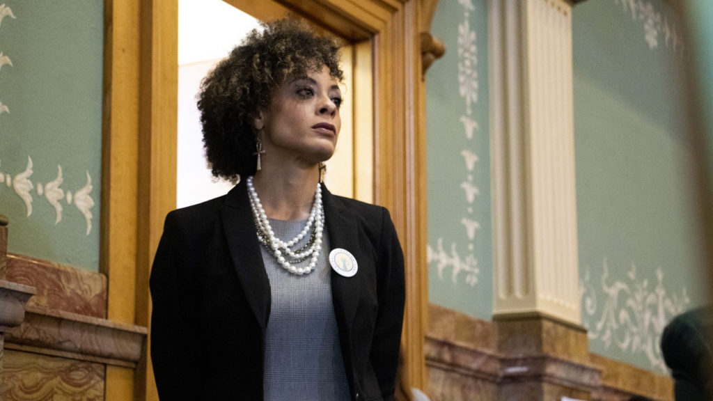Elisabeth Epps watches as Rep. Leslie Herod makes the case for HB-1226 on the state House floor, April 19, 2019. (Kevin J. Beaty/Denverite)