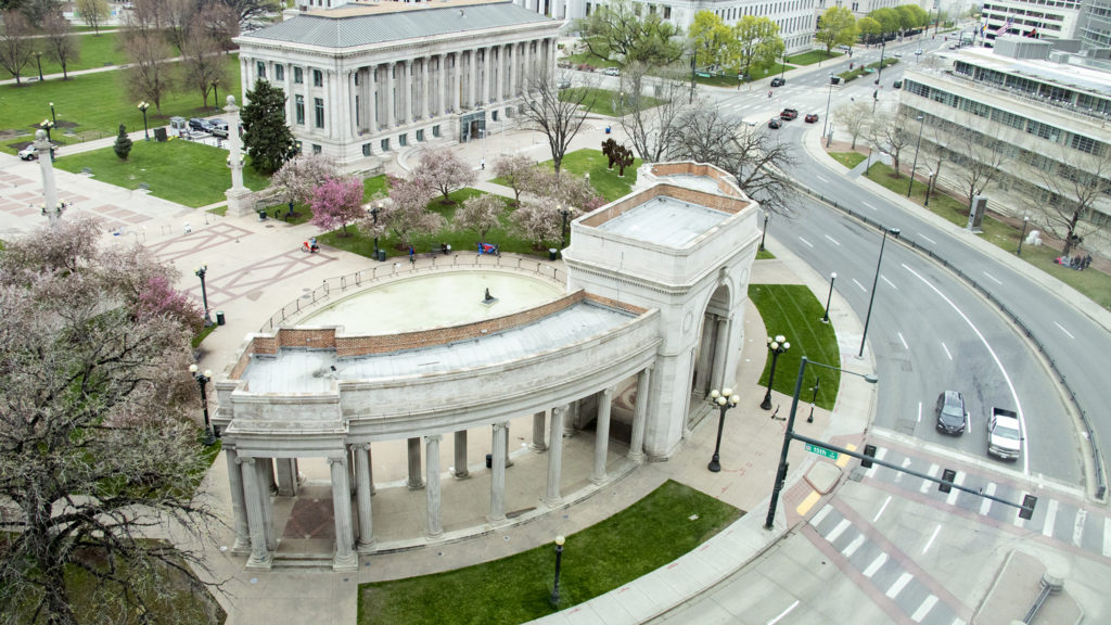 Colfax bends around Civic Center Park, April 30, 2019. (Kevin J. Beaty/Denverite)