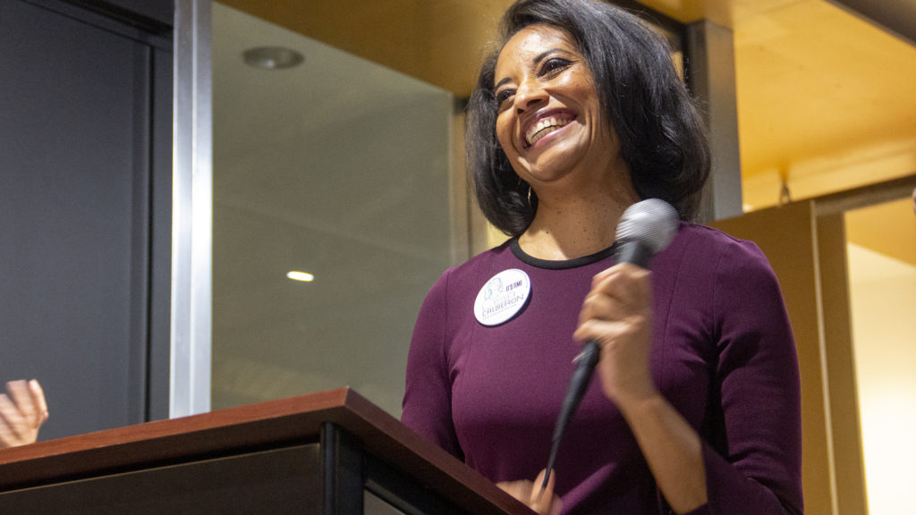 Mayoral candidate Lisa Calderón addresses supporters at her election night watch party, May 7, 2019. (Esteban L. Hernandez/Denverite)