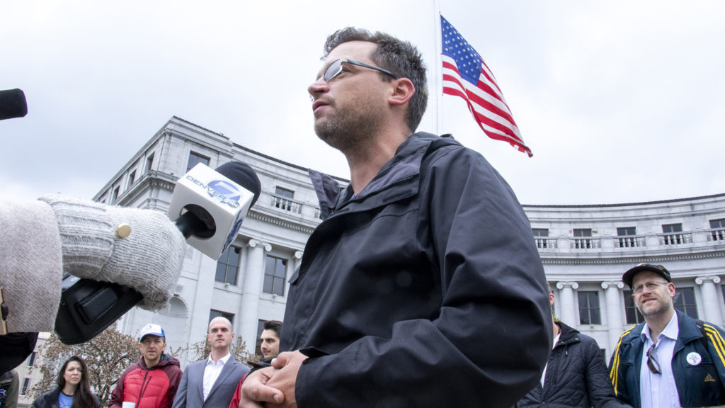 Kevin Matthews speaks to reporters at a pro-Initiative 301 press conference, May 9, 2019. (Kevin J. Beaty/Denverite)