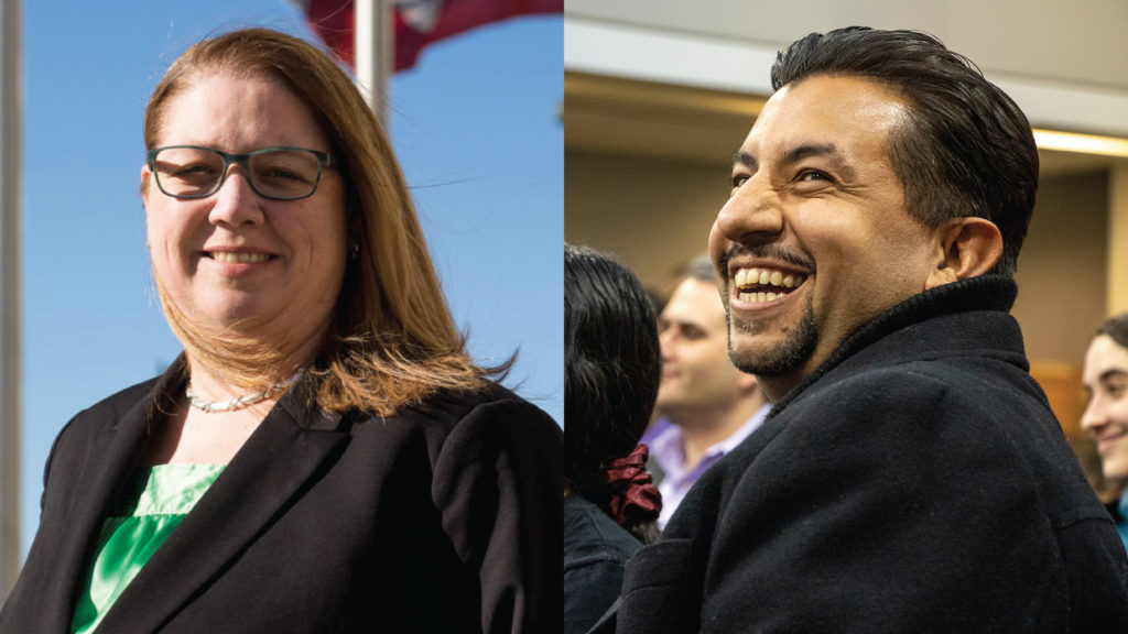 Denver Clerk and Recorder candidates Peg Perl and Paul López. (Kevin J. Beaty/Denverite)