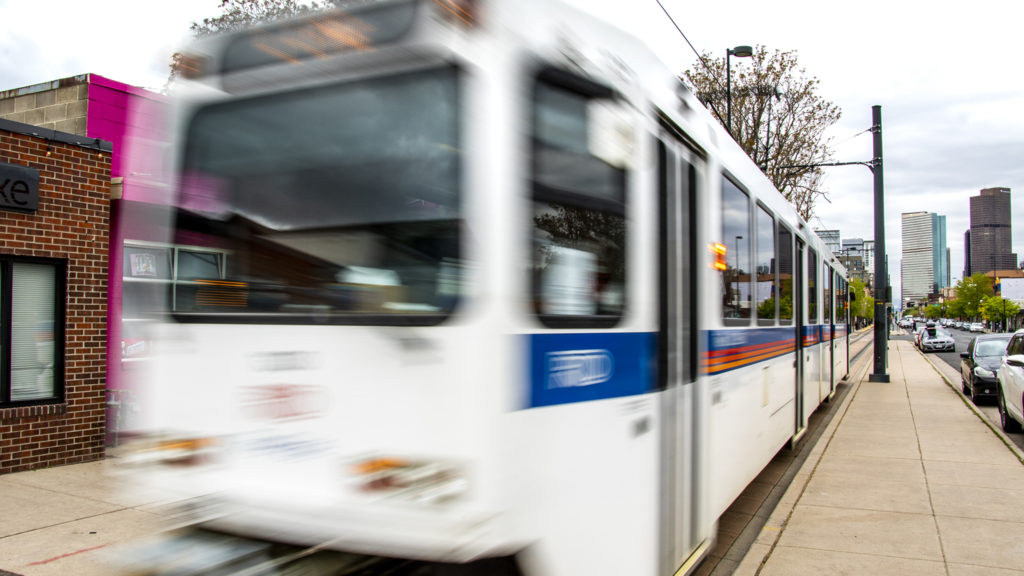 An RTD train on Welton Street, May 22, 2019. (Kevin J. Beaty/Denverite)