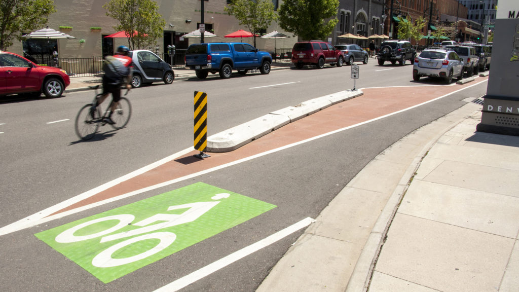Protected bike lanes on 14th Street downtown, May 30, 2019. (Kevin J. Beaty/Denverite)