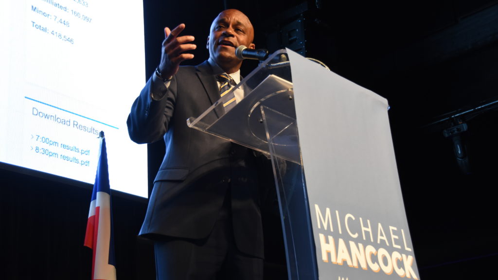 Mayor Michael Hancock address the crowd at his election night party. May 7, 2019. (Corey Jones/CPR News)