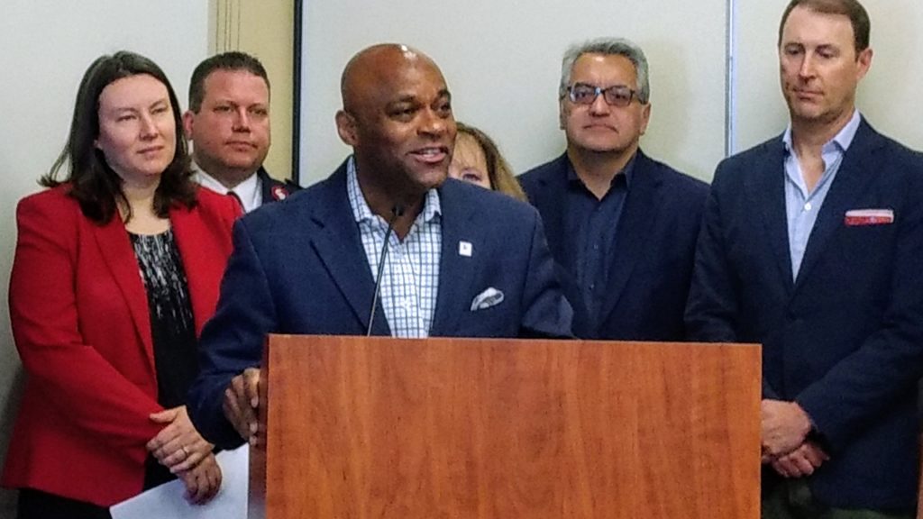Mayor Michael Hancock at a news conference Friday, May 24, 2019 announcing new contributions to a housing fund. (Donna Bryson/Denverite)