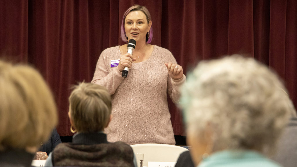 City Council District 5 candidate Amanda Sawyer speaks during a forum at Christ Church United Methodist, March 5, 2019. (Kevin J. Beaty/Denverite)
