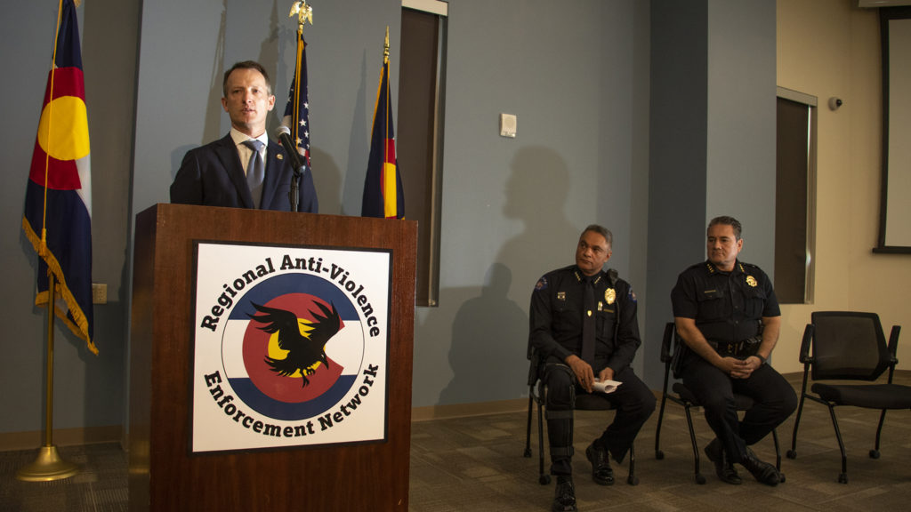 U.S. Attorney Jason Dunn speaks during a press conference announcing the RAVEN law enforcement program, June 12, 2019. (Kevin J. Beaty/Denverite)
