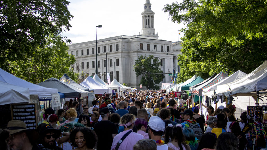 Many vendors line 14th Avenue during PrideFest at Civic Center Park, June 15, 2019. (Kevin J. Beaty/Denverite)