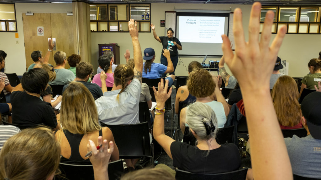 Celesté Martinez leads a volunteer training for the Colorado Rapid Response Network, June 29, 2019. (Kevin J. Beaty/Denverite)