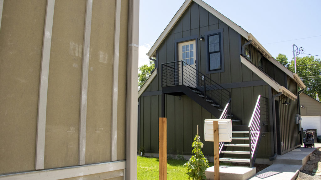 A modular ADU and garage installed behind Simple Homes co-founder and COO David Schultz, July 9, 2019. (Kevin J. Beaty/Denverite)