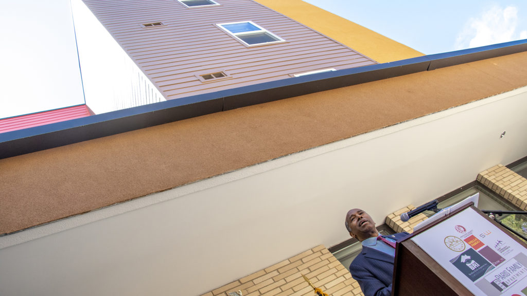HUD Sec. Dr. Ben Carson speaks at a ribbon-cutting ceremony for a new affordable housing project in Aurora, July 12, 2019. (Kevin J. Beaty/Denverite)