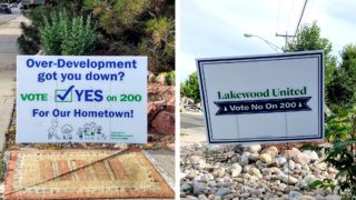 Dueling campaign signs for Jefferson County's Initiative 200. (Donna Bryson/Denverite)