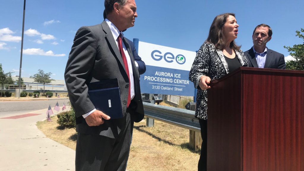 U.S. Rep. Diana DeGette of Denver speaks during a press conference on Monday, July 22, 2019, outside the private immigration detention facility in Aurora. (Esteban L. Hernandez/Denverite)