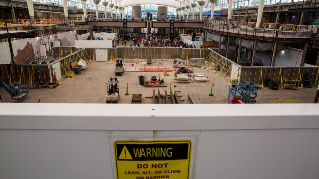 Passengers and visitors to Denver International Airport find themselves navigating a lot of detours as they check in or pick up baggage Friday June 28 2019. (Hart Van Denburg/CPR News)