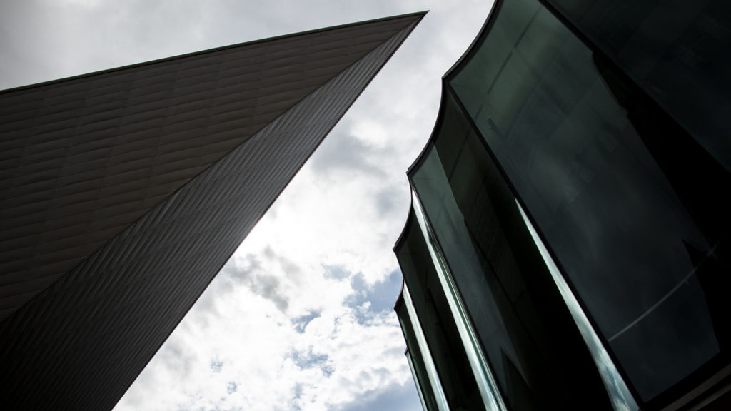 Denver Art Museum's new campus (right) during construction, Aug. 8, 2019. (Kevin J. Beaty/Denverite)