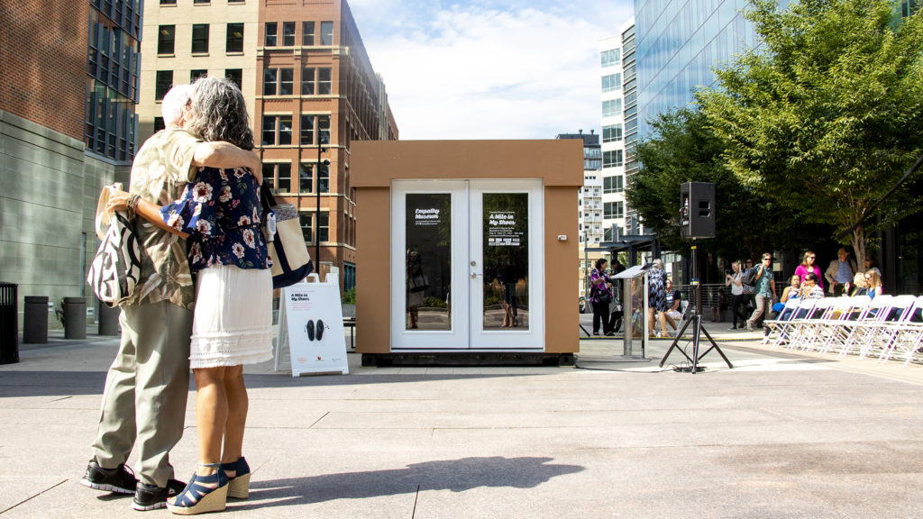 The Empathy Museum's traveling "A Mile in My Shoes" exhibit is ready to open downtown, an early installation of this year's Biennial of the Americas, Aug. 8, 2019. (Kevin J. Beaty/Denverite)