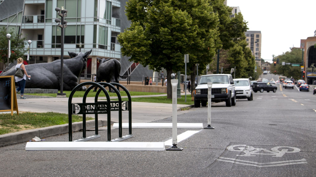 A bicycle corral on 12th Avenue by the Denver Art Museum. Aug. 21, 2019. (David Sachs/Denverite)