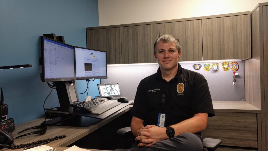 Jon Alesch, who heads the Lakewood Police Department’s Community Action Team. in his office on July 16, 2019. (Donna Bryson/Denverite)