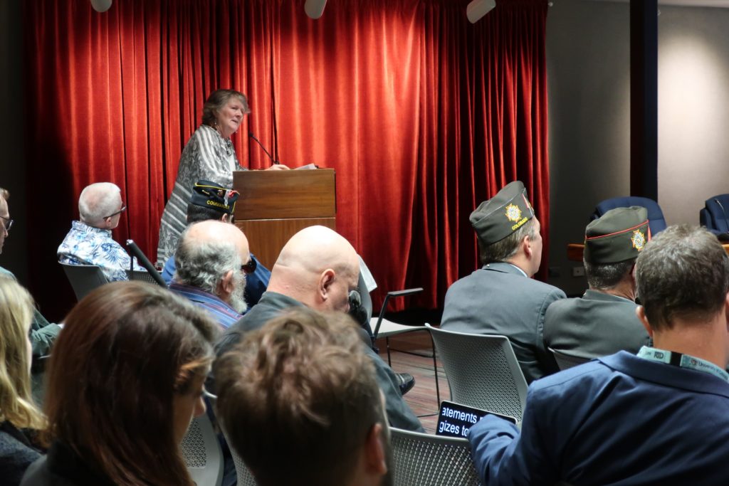 RTD board director Kate Williams speaks at the agency's board meeting on Tuesday, where she apologized for her comments last week questioning the need for a National Medal of Honor Museum.