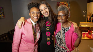 Candi CdeBaca (center) poses for a portrait with her partner, Kerrie Joy and her mother, Annette Johnson, as she celebrates a lead over incumbent Albus Brooks on Election night, June 4, 2019. (Kevin J. Beaty/Denverite)