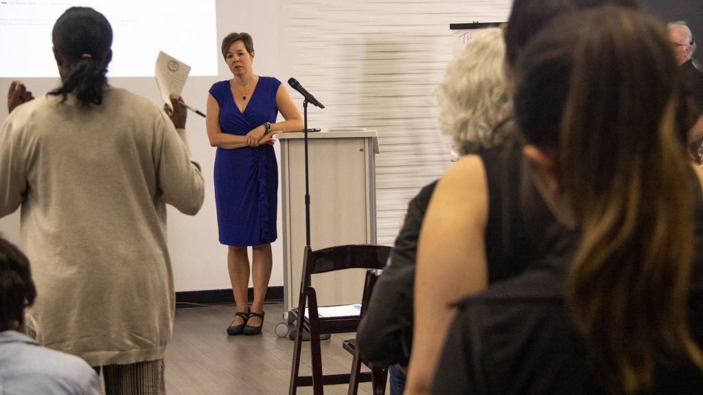 At-large City Councilwoman Robin Kniech listens to testimony during a meeting on a proposal for higher minimum wage in Denver at the Carla Madison Rec Center, Oct. 16, 2019. (Kevin J. Beaty/Denverite)