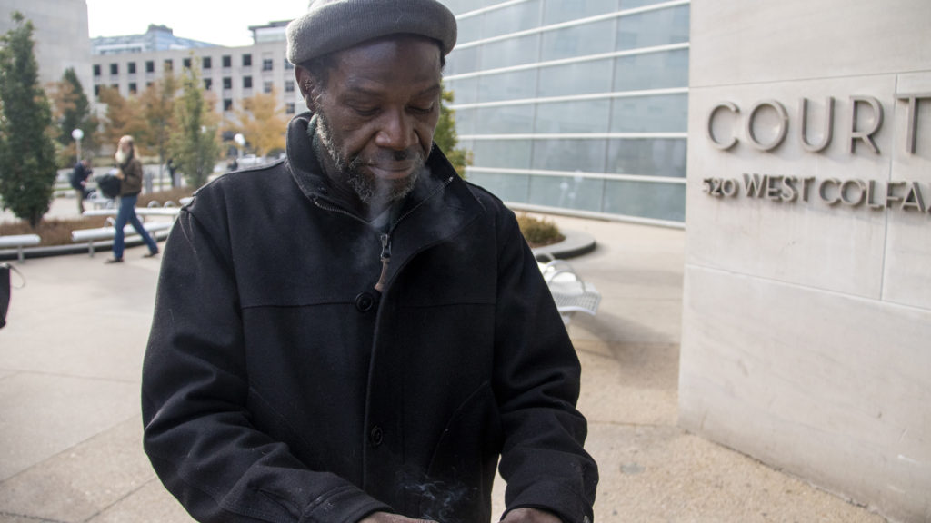 Jerry Burton walks into the Lindsey-Flanigan Courthouse to see a judge, Oct. 18, 2019. (Kevin J. Beaty/Denverite)