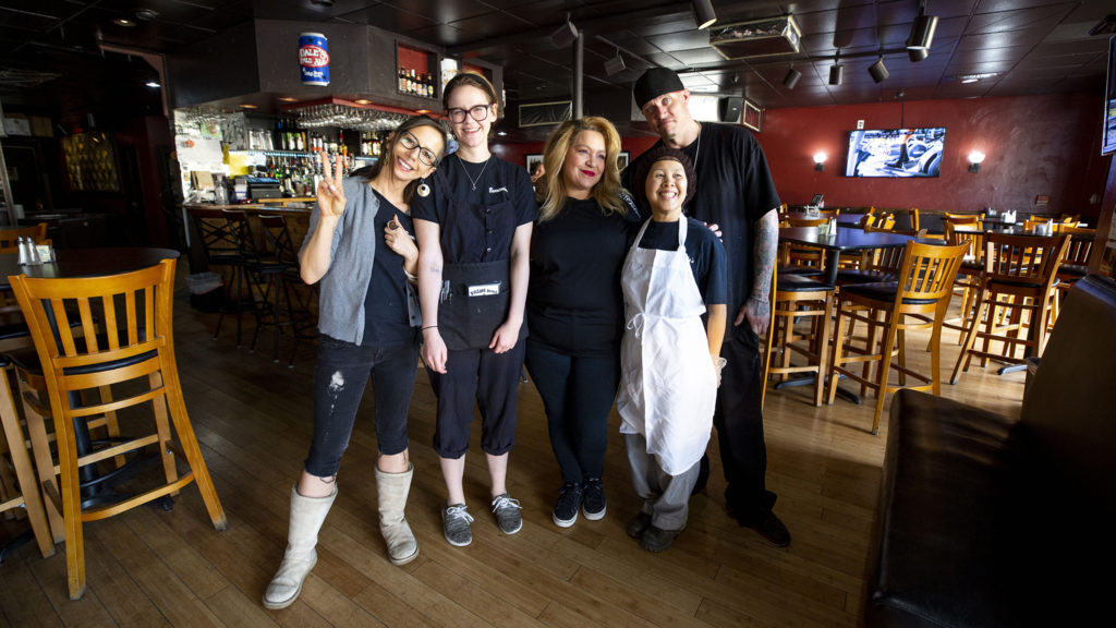 Eszther Takacs (left to right), Nicole Farabee, Tymmie Byram, owner Mercy Lee and Jeremy Adams of Barricudas. Capitol Hill, Oct. 26, 2019. (Kevin J. Beaty/Denverite)